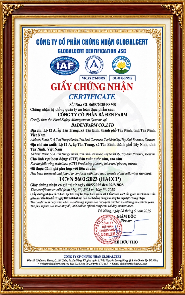 Giấy chứng nhận An toàn Thực phẩm HACCP - Bà Đen Farm