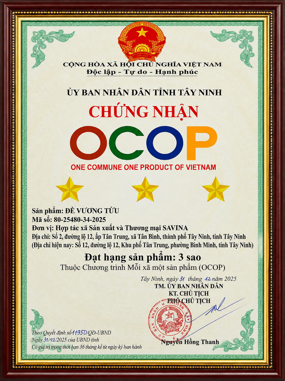 Giấy chứng nhận OCOP 3 sao Trà túi lọc Sâm Bố Chính