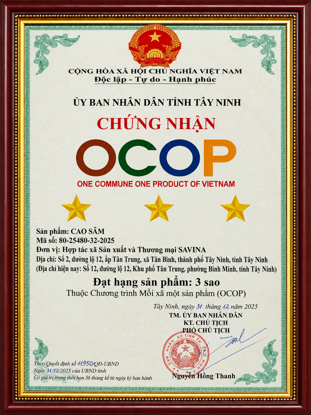 Giấy chứng nhận OCOP 3 sao Rượu Sâm Bố Chính