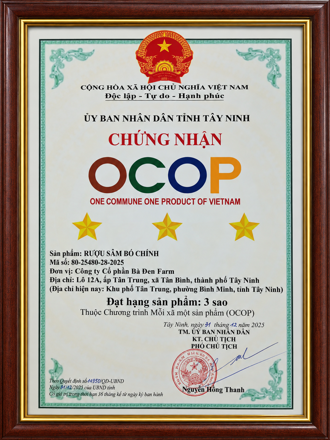 Giấy chứng nhận OCOP 3 sao Bột Sâm Bố Chính