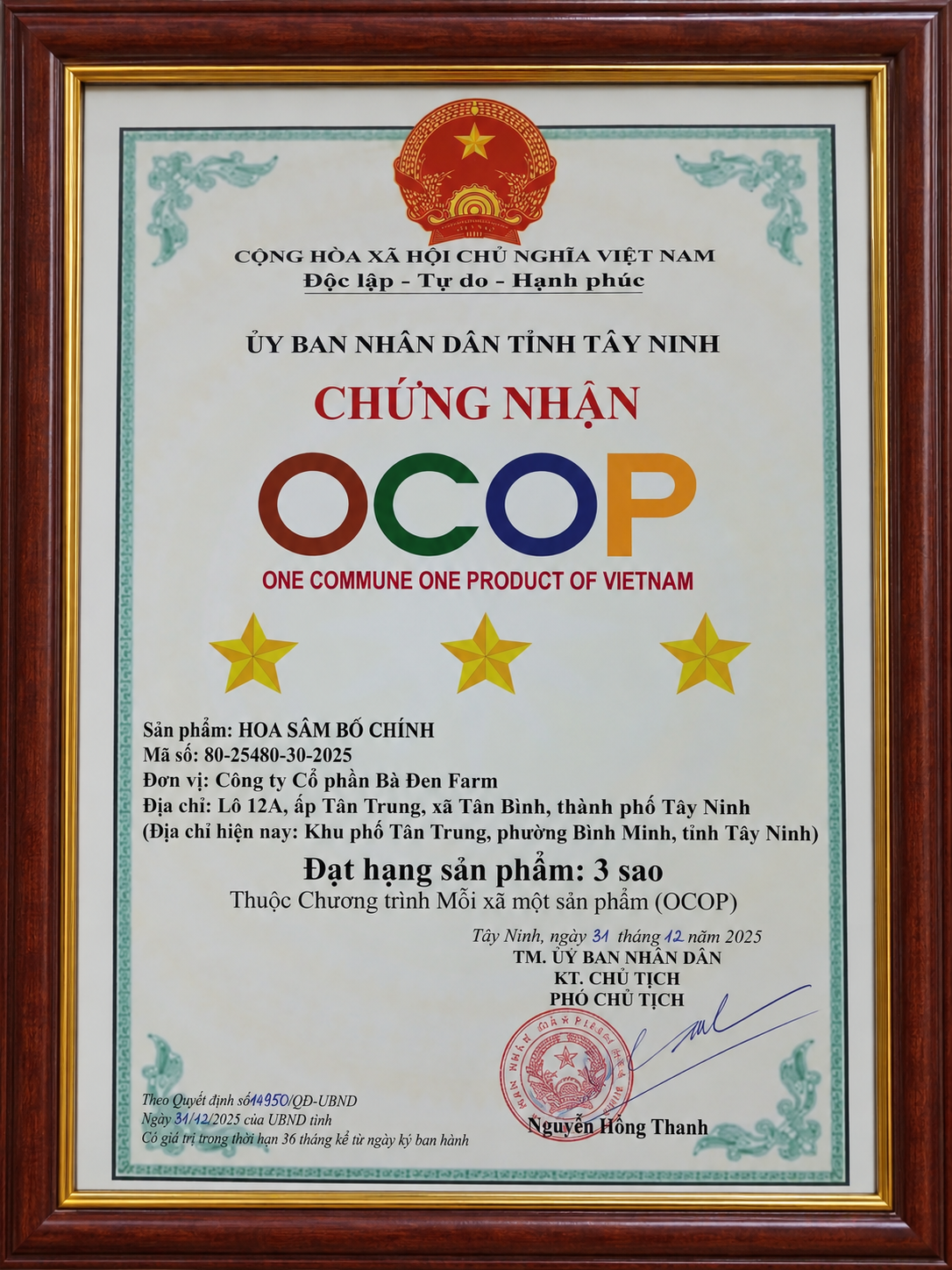 Giấy chứng nhận OCOP 3 sao Cao Sâm Bố Chính