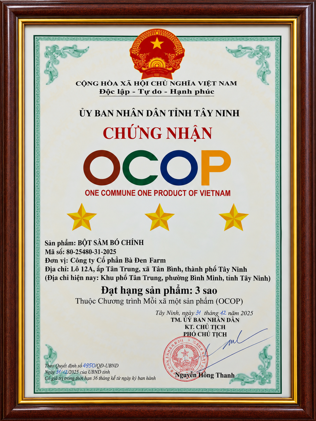 Giấy chứng nhận OCOP 3 sao Trà Hoa Sâm Tứ Vị