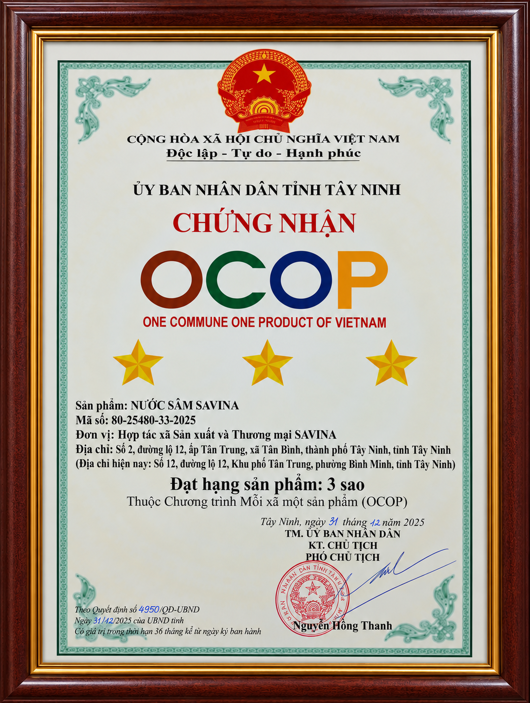 Giấy chứng nhận OCOP 3 sao Set Lẩu Sâm Khô