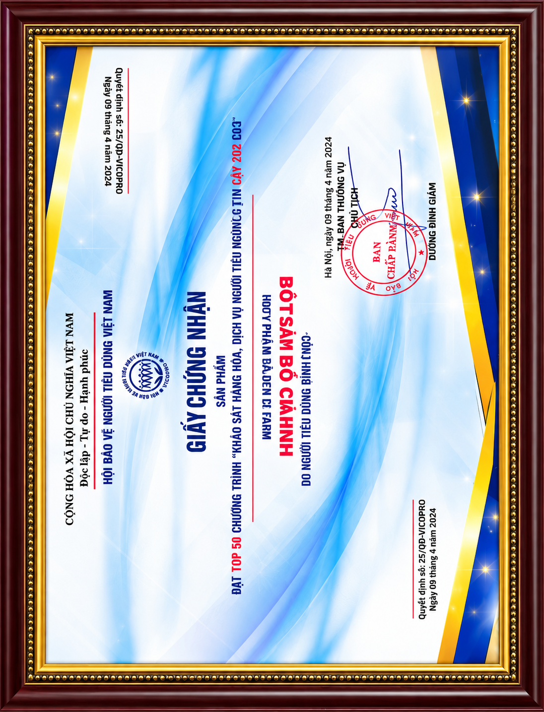 Giấy chứng nhận Sản phẩm Công nghiệp Nông thôn Tiêu biểu cấp Tỉnh Tây Ninh